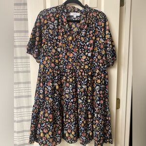 CeCe Floral Print Babydoll Puff Short Sleeve Mini Dress Dress Size Large
